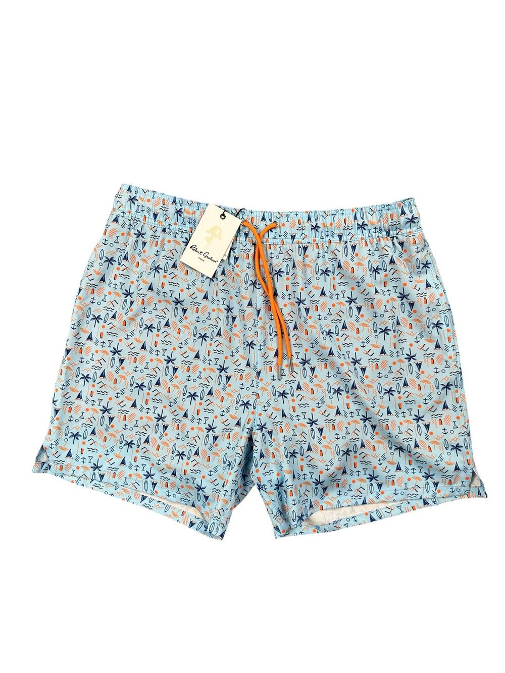 Robert Graham Beach Days Swim Trunks Light Blue Navy Orange — Large